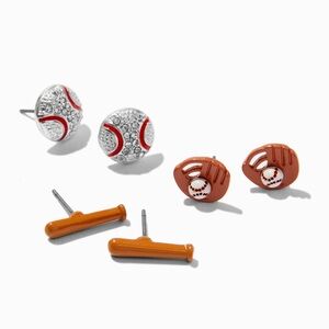 Claire's Baseball Themed 3-Pack Stud Pierced Earrings Set with Baseball Mitt Bat